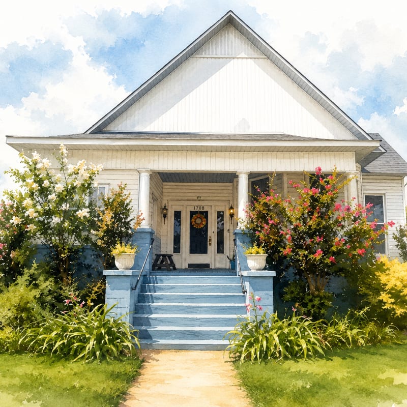 A charming white house with a blue-painted porch and steps is surrounded by lush green grass and vibrant flowering bushes under a bright blue sky.