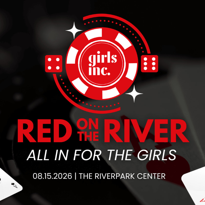 A poker chip with "girls inc." in the center is superimposed over a blurred background of playing cards, with event details "RED ON THE RIVER" and "ALL IN FOR THE GIRLS" prominently displayed.
