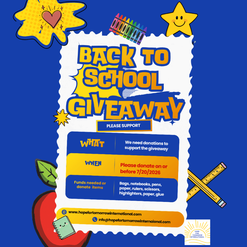A bright yellow and blue flyer announces a "Back to School Giveaway" with details on donations needed, including school supplies, set against a blue background with cartoonish school-themed graphics.