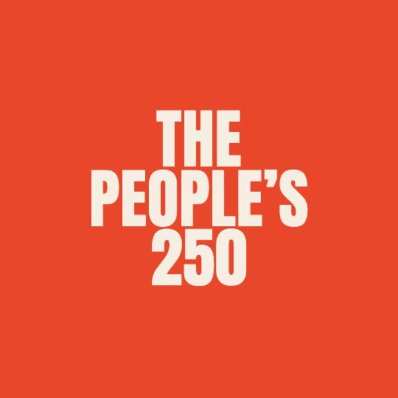 White text reading "THE PEOPLE'S 250" is centered on a solid orange background.