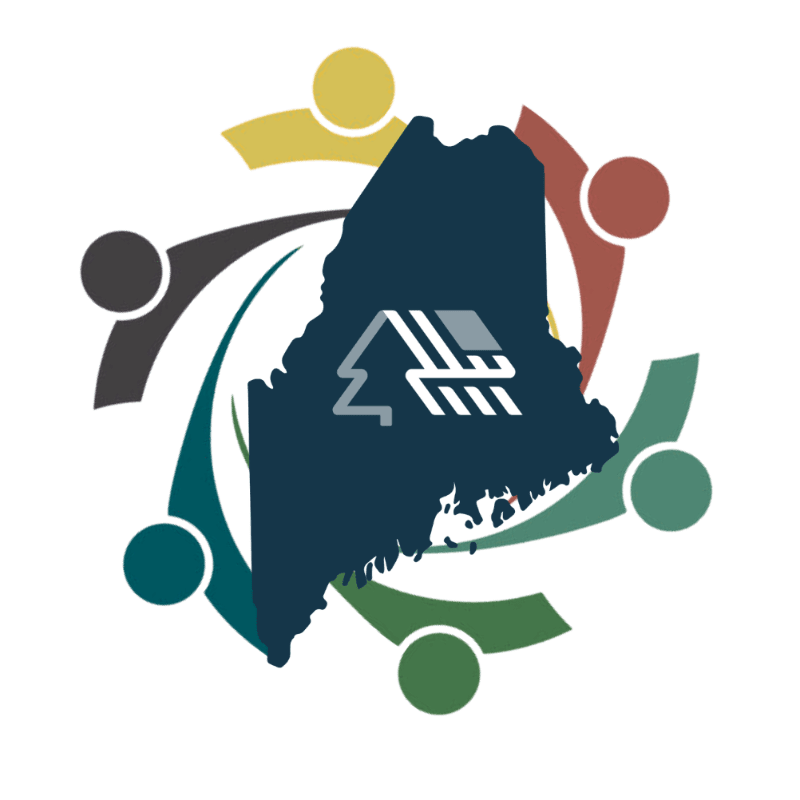 A dark blue outline of Maine with a stylized house and tree logo is surrounded by a circular arrangement of colorful, abstract human figures.