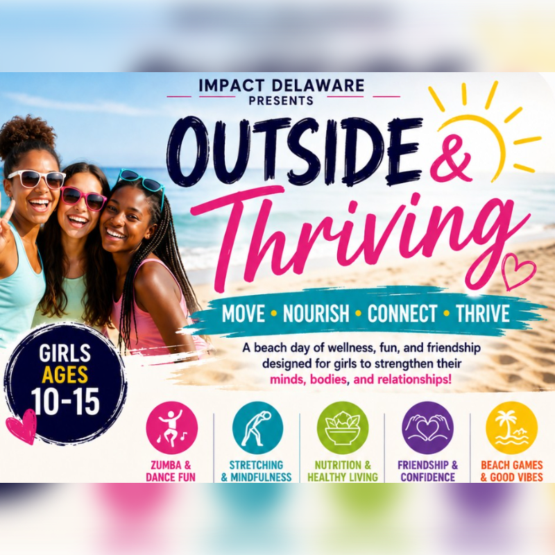 Three smiling girls in sunglasses are in the foreground against a beach background with the event title "OUTSIDE & Thriving" and activity icons.