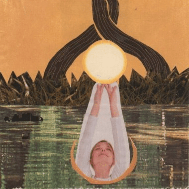 A woman in the foreground reaches up to a glowing orb, while in the background, stylized trees rise against an orange sky above a body of water.