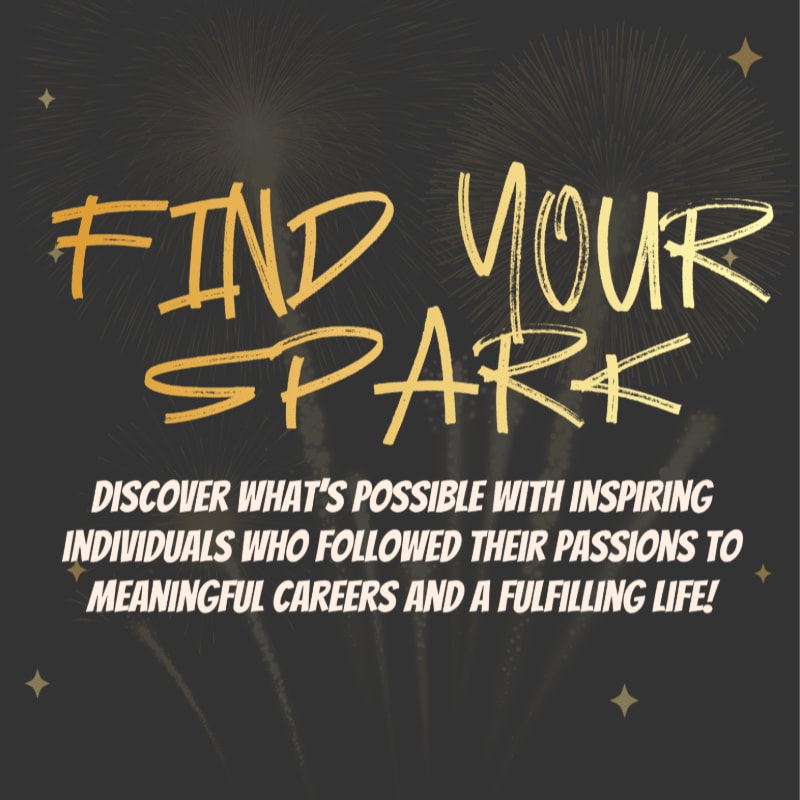 Golden text reading "FIND YOUR SPARK" is overlaid on a dark background with faint fireworks and small golden stars.