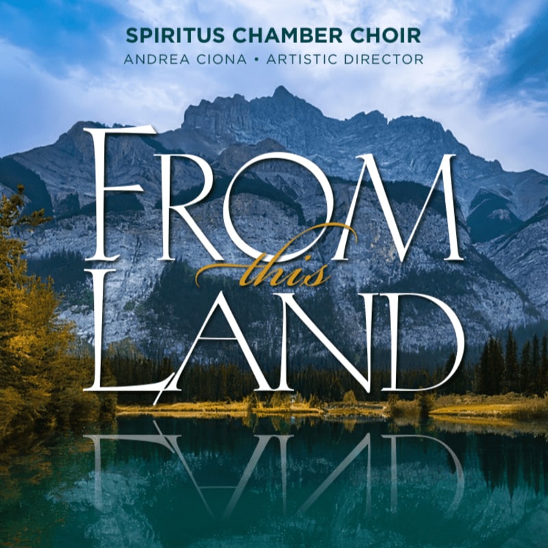 A serene lake reflects a majestic mountain range and autumnal trees, with the text "FROM this LAND" overlaid.