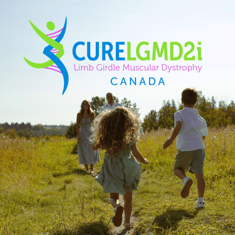 Two children run ahead on a grassy path towards their parents in the background, with a logo for CURELGMD2i Canada overhead.