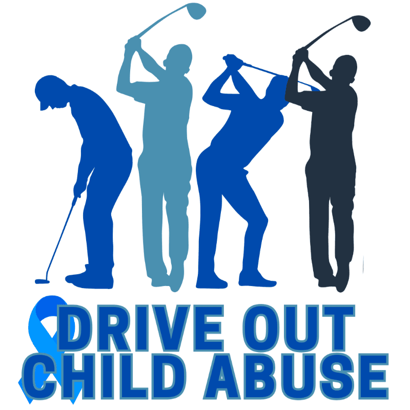 Silhouetted golfers in various stages of play are in the foreground, with the words "DRIVE OUT CHILD ABUSE" and a blue ribbon in the background.