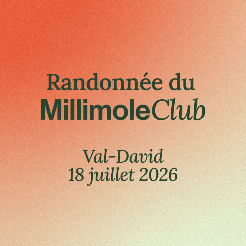 Green text announcing "Randonnée du MillimoleClub Val-David 18 juillet 2026" is overlaid on a gradient background of orange and light green.