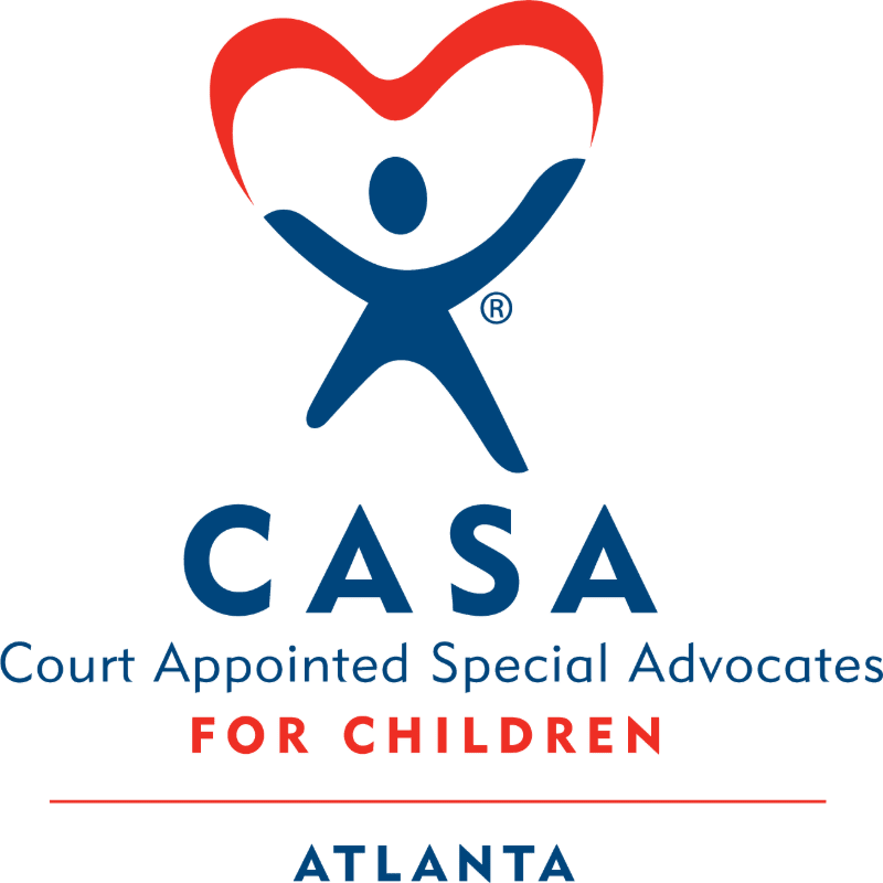 A blue stick figure with outstretched arms is framed by a red heart in the foreground, with the words "CASA Court Appointed Special Advocates FOR CHILDREN" and "ATLANTA" in the background.