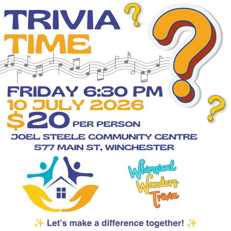 A white background features a "Trivia Time" announcement in the upper left, with musical notes and large question marks in the background, and event details, a logo, and a slogan in the foreground.