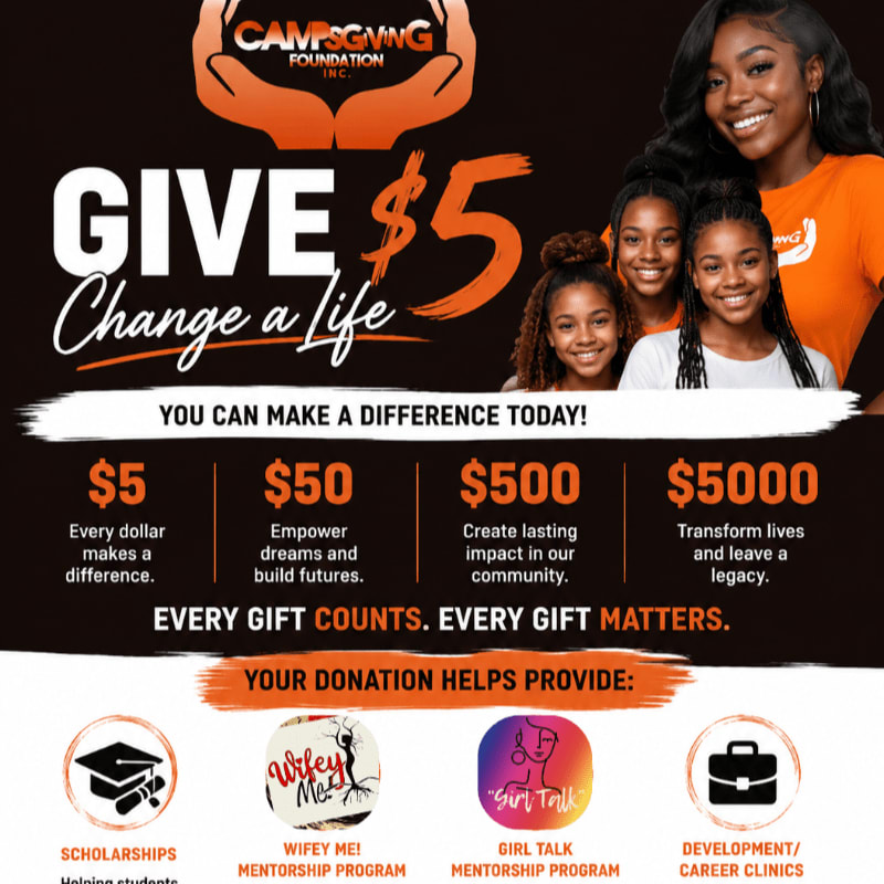 A group of smiling young women are featured in the background, while the foreground displays donation tiers and programs supported by the CampGiving Foundation.