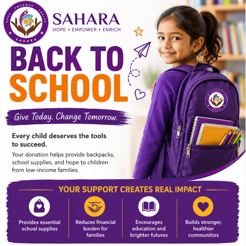 A smiling young girl with a purple backpack stands in front of a bookshelf, promoting a "Back to School" initiative.