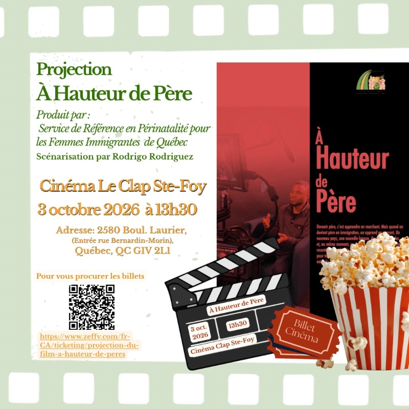 A movie poster for "À Hauteur de Père" is displayed in the background, with a clapperboard and popcorn in the foreground.