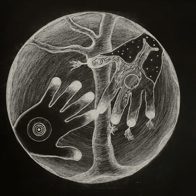 Two stylized hands, one with concentric circles and the other with dotted patterns, reach towards a central tree within a circular frame against a dark background.
