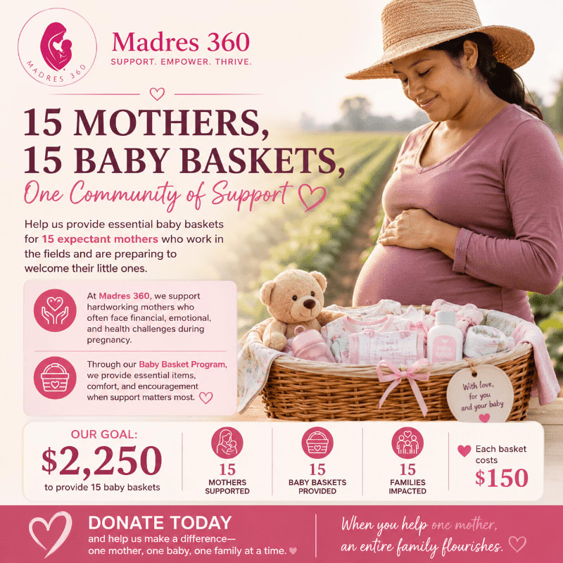 A pregnant woman in a field smiles down at a baby basket filled with clothes, while the background shows a field and text about supporting mothers.