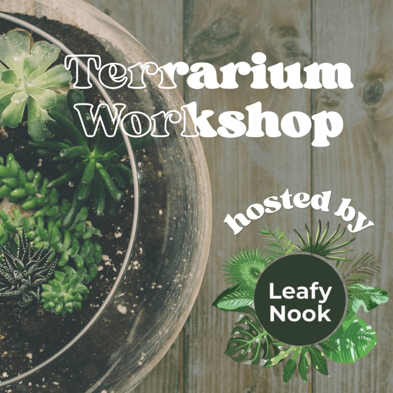 A close-up of a glass terrarium filled with succulents sits on a wooden background, with "Terrarium Workshop hosted by Leafy Nook" overlaid.