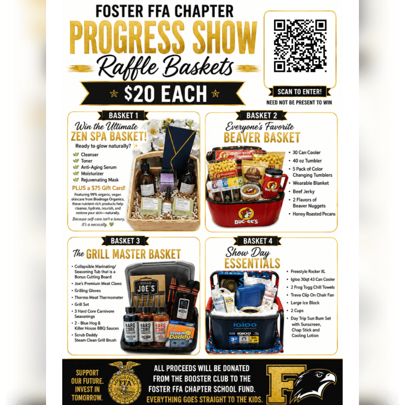 Four raffle baskets, including a spa basket, a Beaver-themed basket, a grill master basket, and a show day essentials basket, are displayed against a white background with event details and a QR code at the top.