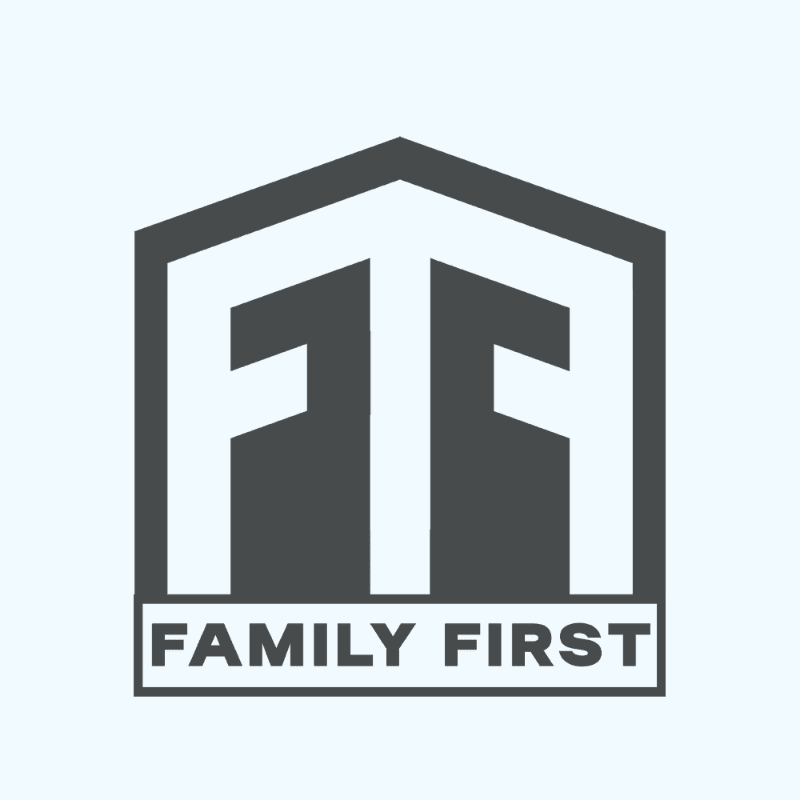 A stylized house shape encloses the letters "FFA" in white, with "FAMILY FIRST" written in white text on a black rectangle below, all set against a pale blue background.