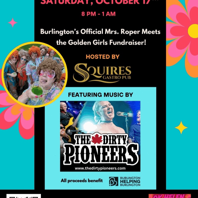 A colorful flyer advertises a "Mrs. Roper Meets the Golden Girls Fundraiser" featuring "The Dirty Pioneers" with a photo of a woman dressed as Mrs. Roper in the foreground and a band performing in the background.