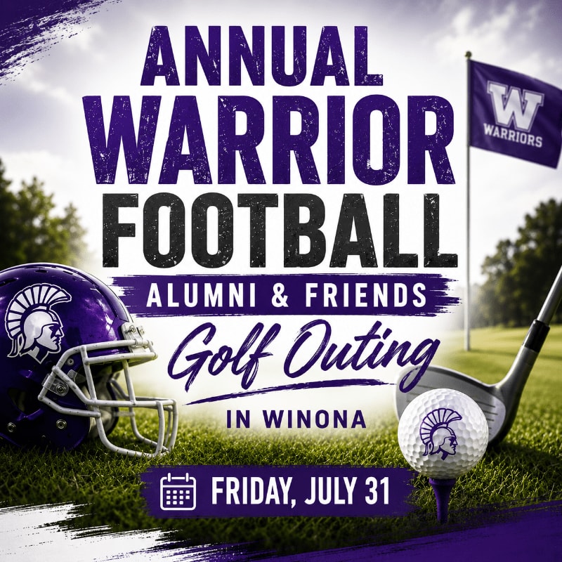 A football helmet and golf ball sit on a grassy field in the foreground, with a flag and trees in the background, advertising an annual Warrior Football Alumni & Friends Golf Outing.