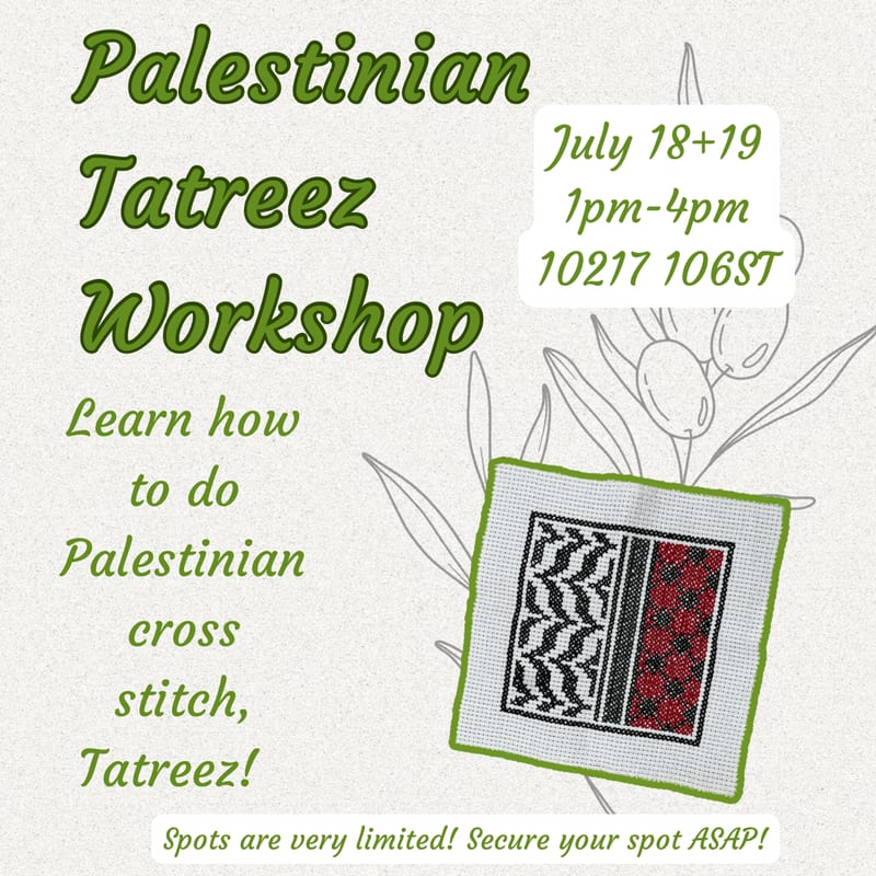 A Palestinian Tatreez workshop is advertised with details on the left, a cross-stitch sample in the foreground, and olive branches in the background.