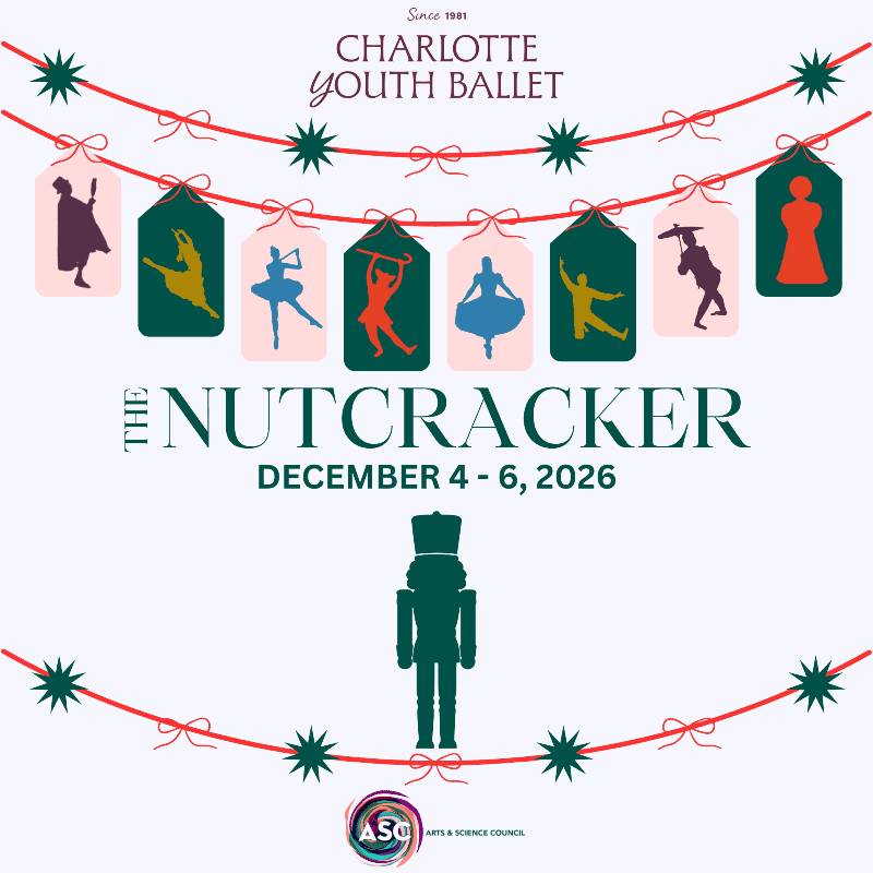A festive garland of colorful ballet dancer silhouettes hangs above the title "The Nutcracker" and performance dates, with a prominent green nutcracker figure silhouetted against a light background.