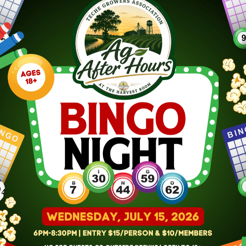 Colorful bingo cards and popcorn fill the foreground, while the background features a green banner advertising "Ag After Hours Bingo Night" with event details and a logo for the Teche Growers Association.