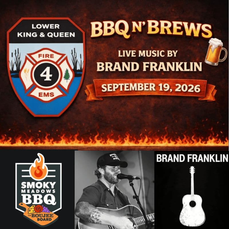 A fiery background with event details and logos frames a black and white photo of a musician playing guitar in the foreground.