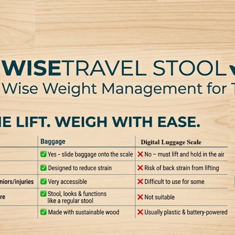 A comparison chart for a WiseTravel Stool and a digital luggage scale is presented against a light wood-grain background. The foreground features a table detailing the benefits of the stool versus the drawbacks of a digital scale.