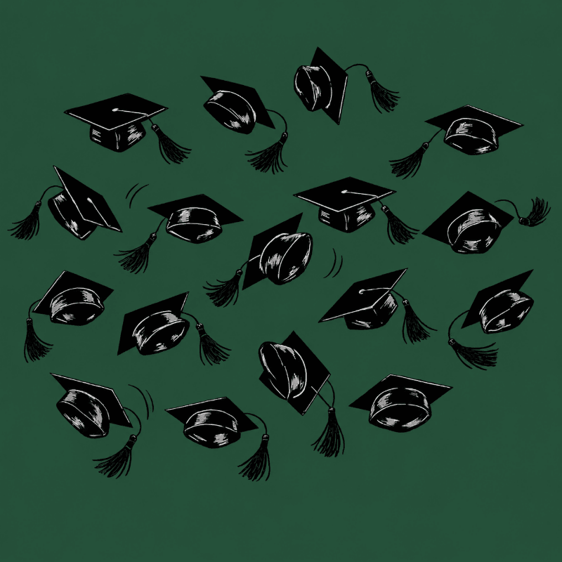 Black graduation caps with tassels are scattered across a dark green background.