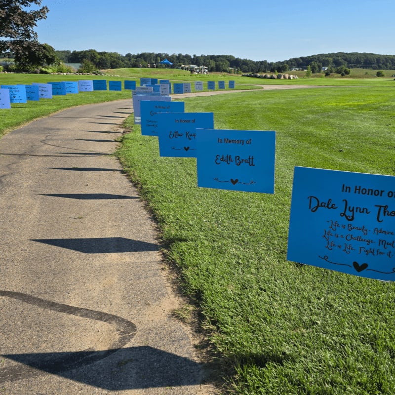 Blue memorial signs line a grassy path leading to a distant, tree-lined horizon under a clear blue sky.