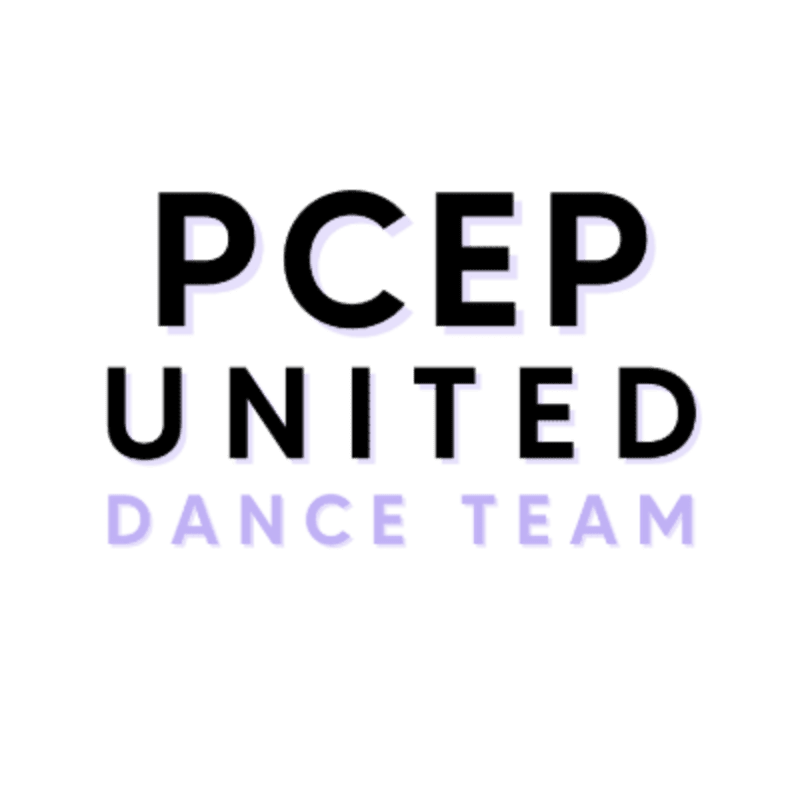 Black text reading "PCEP UNITED" is centered above light purple text reading "DANCE TEAM" on a white background.