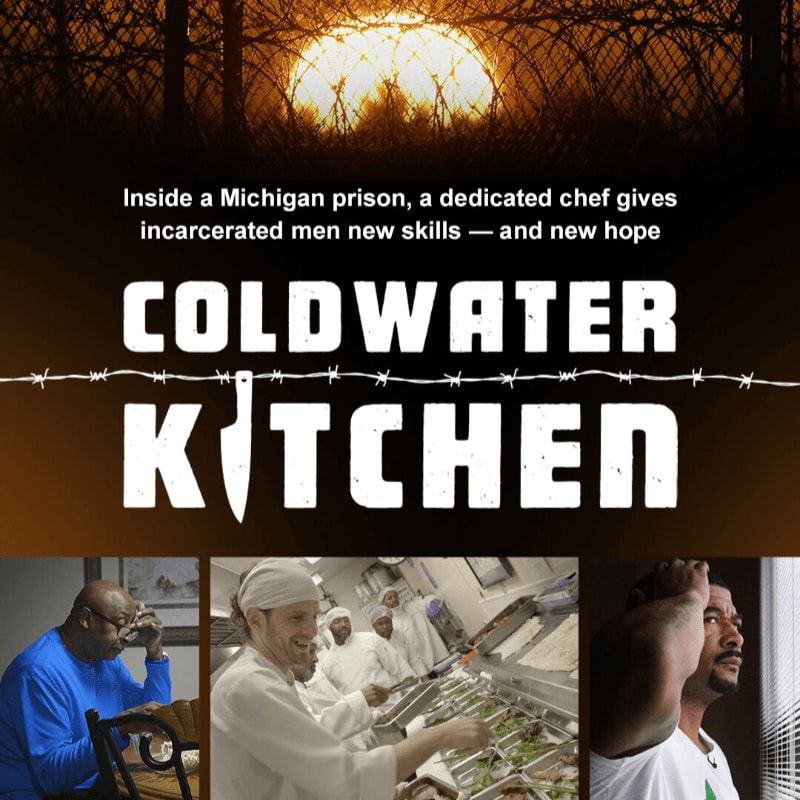 Silhouetted trees frame a setting sun behind barbed wire, above the title "COLDWATER KITCHEN" and three inset images of men in a prison setting.