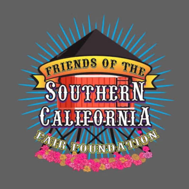 A stylized water tower with "FRIENDS OF THE SOUTHERN CALIFORNIA FAIR FOUNDATION" written on it is surrounded by sunbursts and adorned with flowers in the foreground, all set against a gray background.