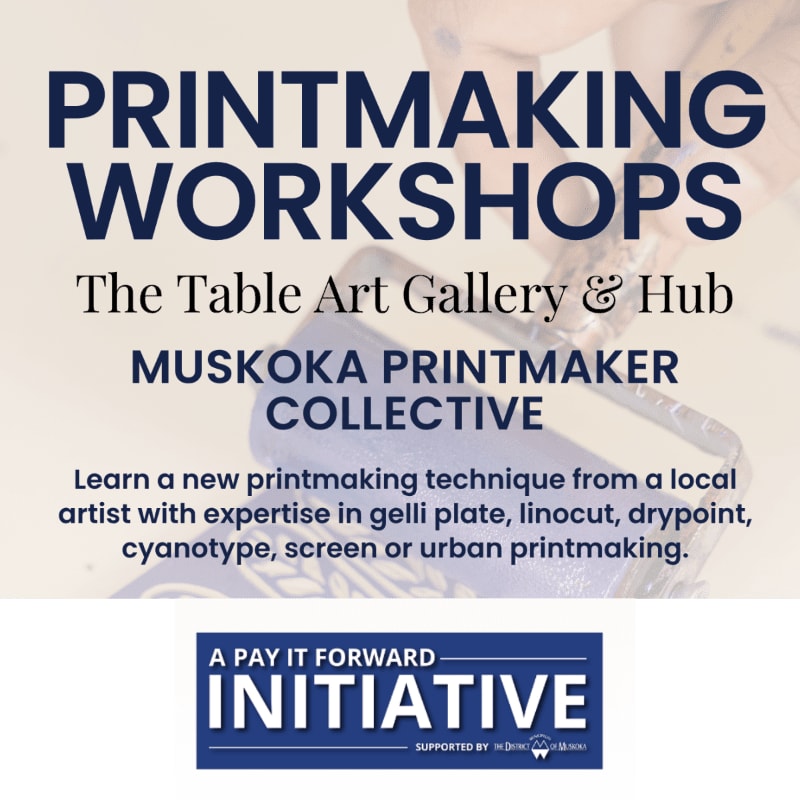 Bold text announces "PRINTMAKING WORKSHOPS" in the foreground, with a blurred background showing hands working on a printing plate.
