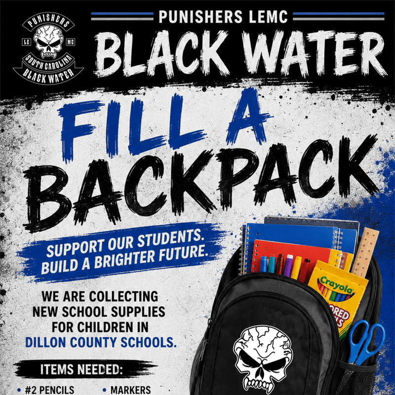 A black backpack filled with school supplies sits in the foreground against a textured background with bold text announcing a "Fill a Backpack" drive.