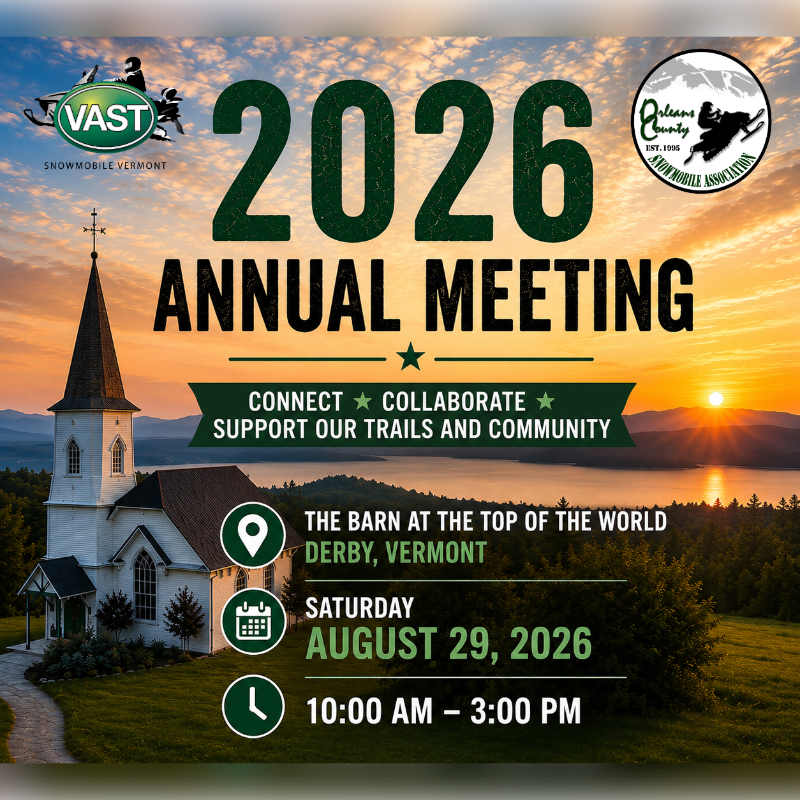 A white church with a steeple stands in the foreground against a sunset backdrop over a lake and mountains, advertising the 2026 VAST Annual Meeting.