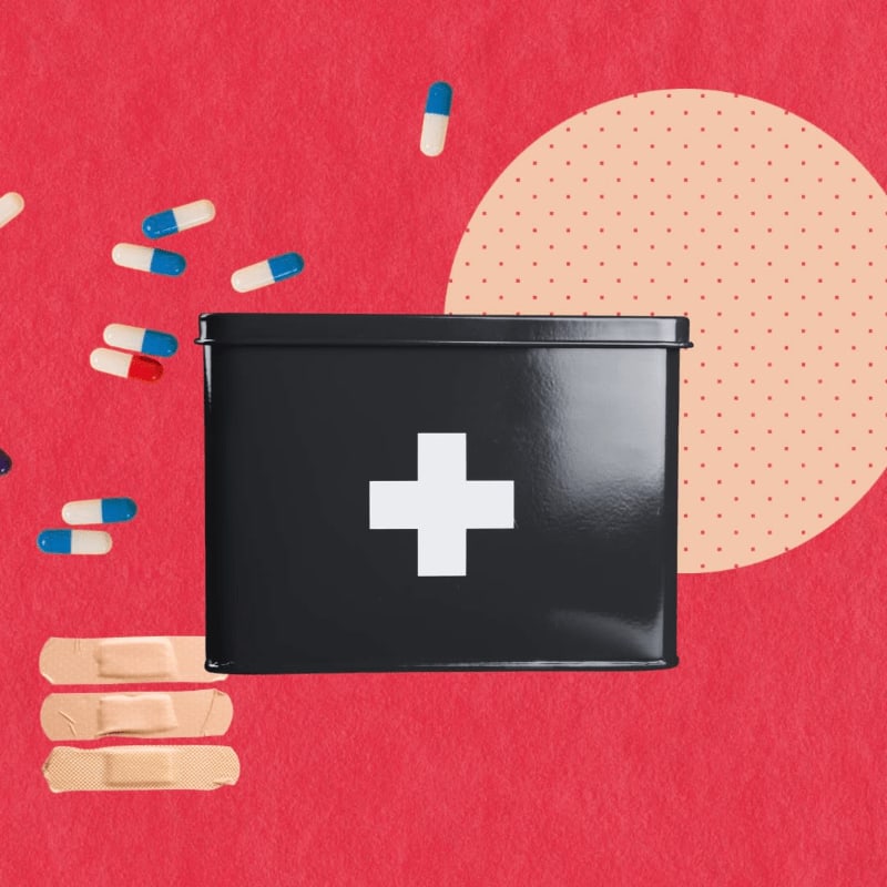 A black first-aid kit with a white cross sits on a red background scattered with pills and bandages, with a large polka-dotted circle behind it.