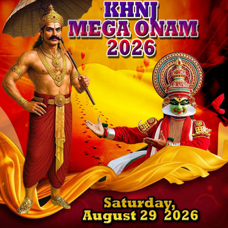 A regal king holding an umbrella stands to the left, while a Kathakali dancer in elaborate costume sits to the right, both against a vibrant yellow and orange background with text announcing "KHNJ MEGA ONAM 2026" and "Saturday, August 29, 2026".