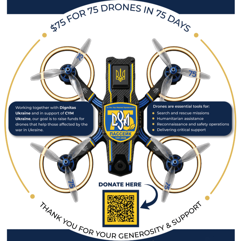 A drone with "75" on its propellers is centered in the foreground, surrounded by text about fundraising for drones in Ukraine, with a donation QR code below.
