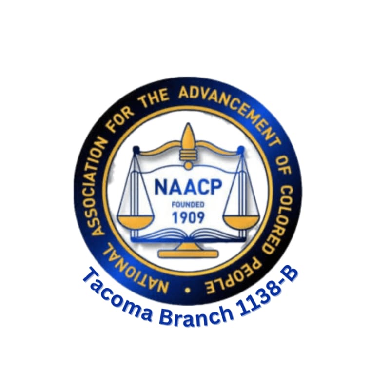 A circular logo with scales of justice and the NAACP acronym in the foreground is set against a white background.