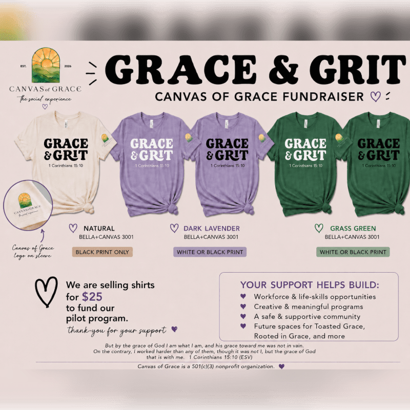 Five t-shirts in different colors are displayed in the foreground, with the "GRACE & GRIT" fundraiser details and donation information in the background.