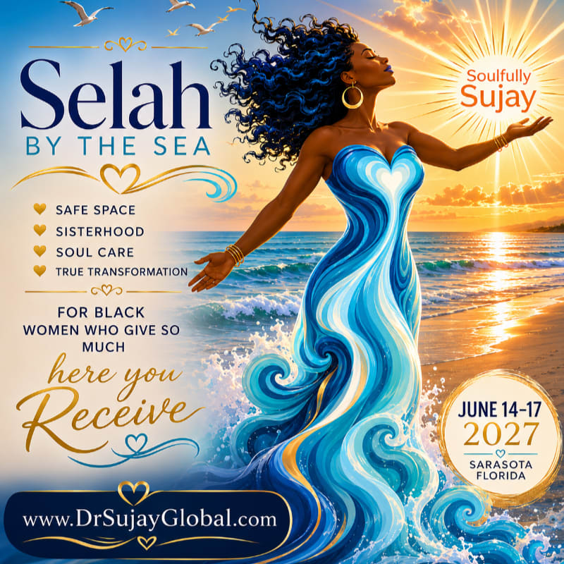 A Black woman in a flowing blue dress stands on a beach with waves crashing around her, while text promotes an event for Black women.