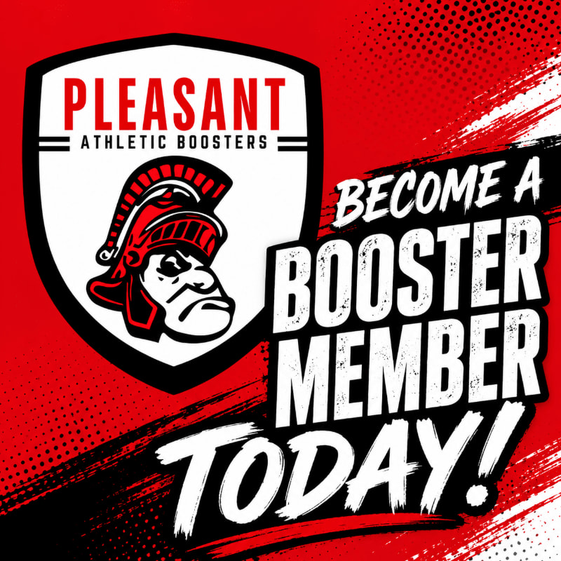A shield with a Spartan helmet and "Pleasant Athletic Boosters" text is on the left, while "BECOME A BOOSTER MEMBER TODAY!" is written in large white letters on the right, all against a red and black abstract background.