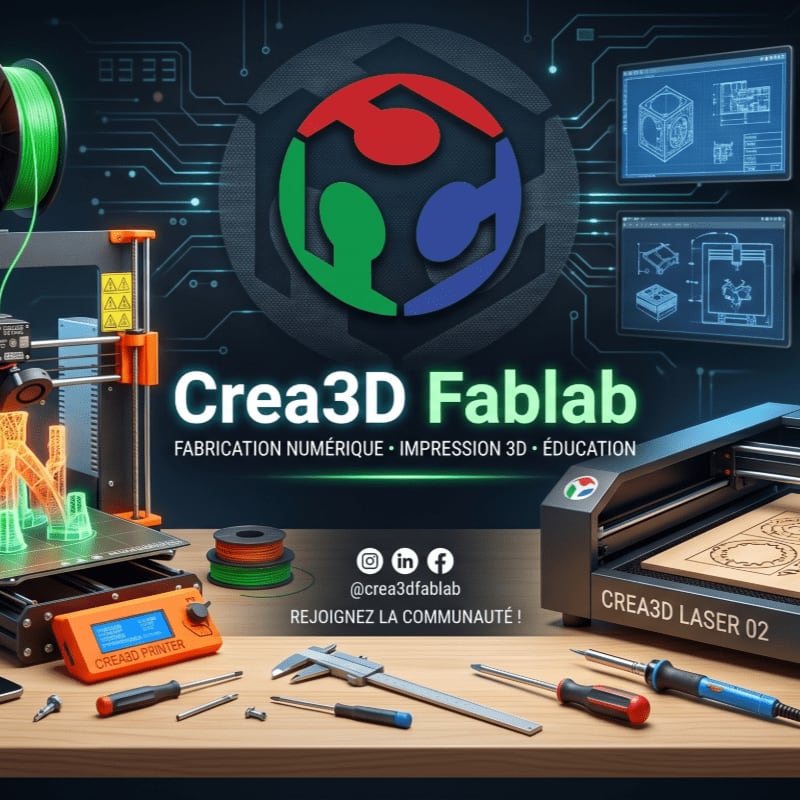In the foreground, tools and 3D printing equipment are laid out on a wooden surface, while the background features a digital circuit board design and the Crea3D Fablab logo.
