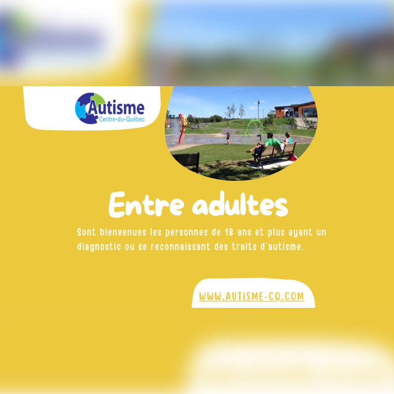 A yellow background frames a park scene with people enjoying a splash pad in the background, while text in the foreground announces an event for adults with autism.