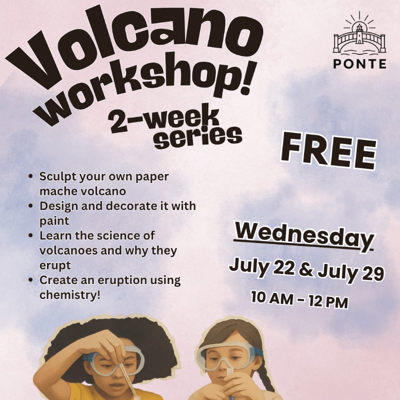 Two children in goggles are in the foreground, while the background features text advertising a free volcano workshop.