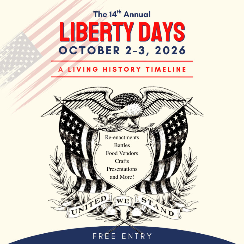 A stylized eagle with American flags and a laurel wreath is centered on a cream background with red text announcing "Liberty Days" and "Free Entry" at the bottom, all set against a faded American flag in the upper left corner.