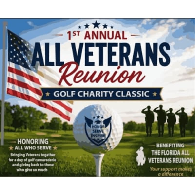 A golf ball on a tee in the foreground is set against a background of an American flag, saluting veterans, and text announcing the "1st Annual All Veterans Reunion Golf Charity Classic."