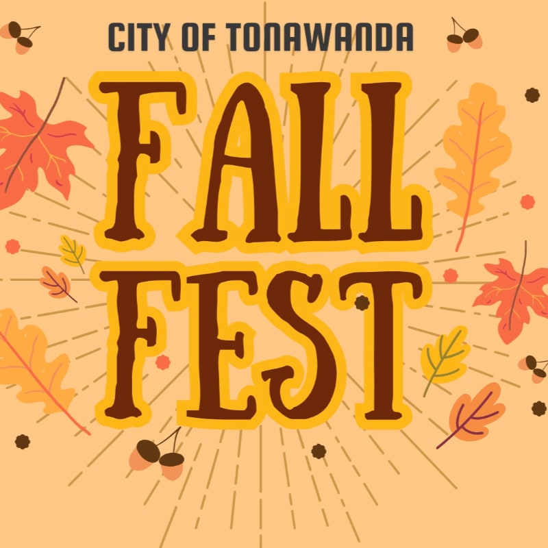 Large, stylized text reading "FALL FEST" in the foreground is surrounded by autumn leaves and acorns against a warm, orange background with radiating lines.